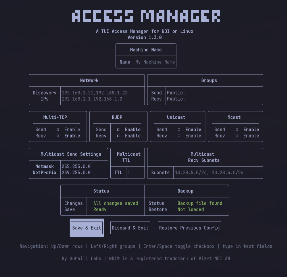 NDI Access Manager for Linux terminal UI showing network, groups, transport and multicast settings